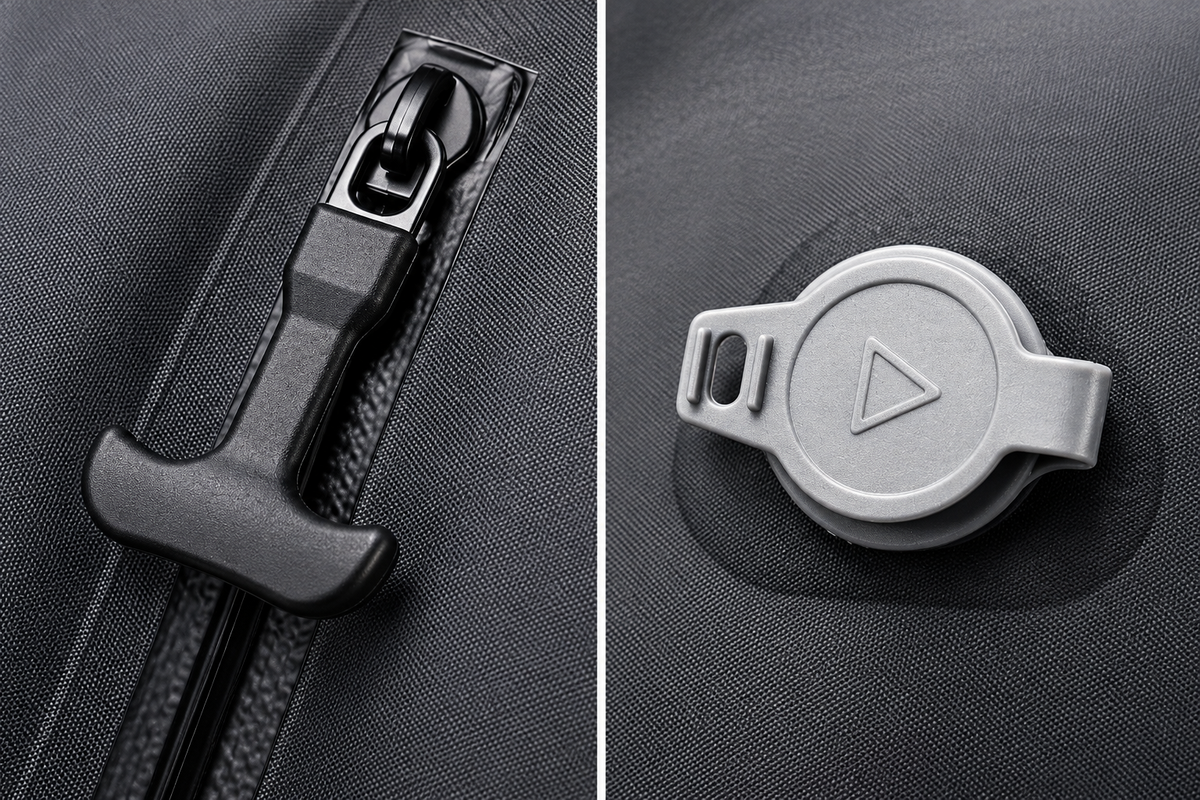 Retouched close-ups of the bag zipper pull and capped air valve